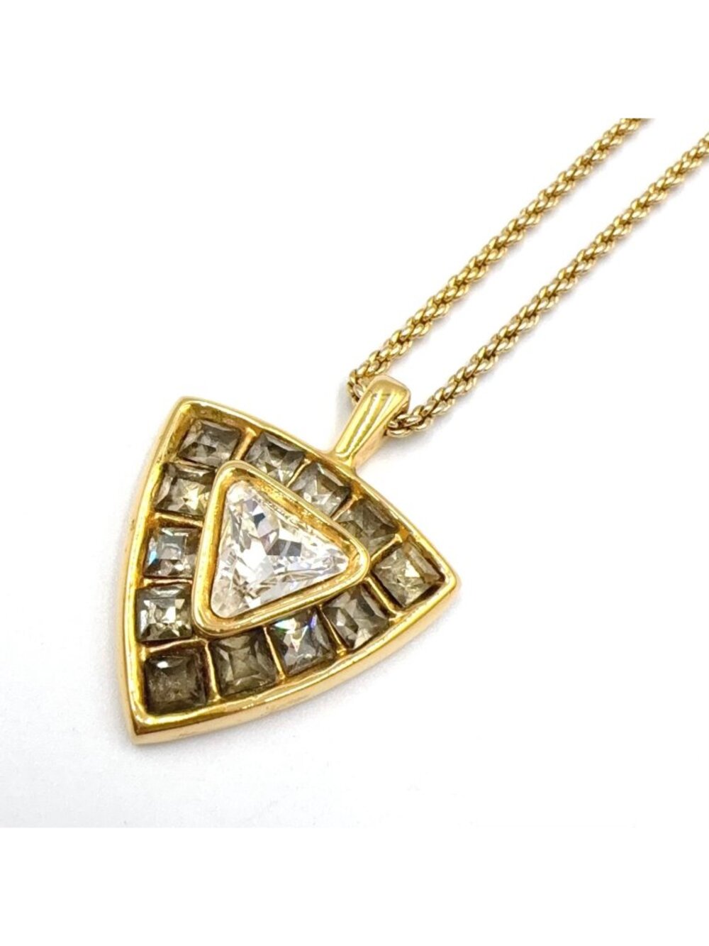 Saint Laurent Vintage Triangle Color Stone Clear Gold Necklace